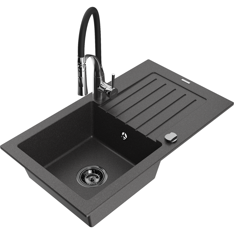 Mexen Pablo fregadero de granito de 1 cubeta con escurridor y grifo de cocina Aster, negro moteado - 6510-76-73450-07-B