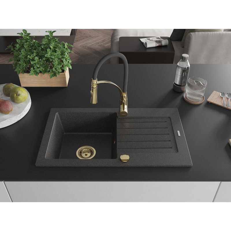 Mexen Pablo 1-Bowl Granite Sink with Drainer and Aster Kitchen Tap, Speckled Black - 6510-76-73450-57-G