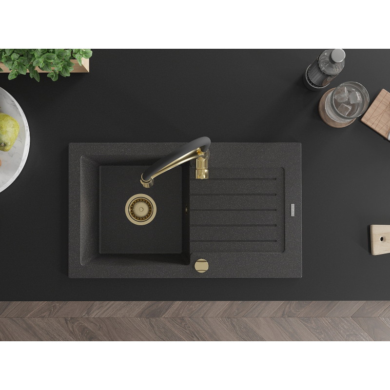 Mexen Pablo fregadero de granito de 1 seno con escurridor y grifo de cocina Aster, negro moteado - 6510-76-73450-57-G