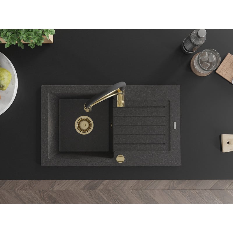 Mexen Pablo lava-louça de granito de 1 bacia com escorredor e torneira de cozinha Aster, preto salpicado - 6510-76-73450-57-G