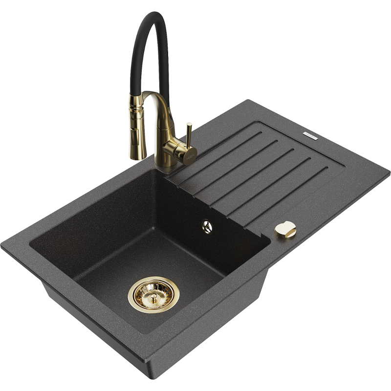 Mexen Pablo 1-Bowl Granite Sink with Drainer and Aster Kitchen Tap, Speckled Black - 6510-76-73450-57-G