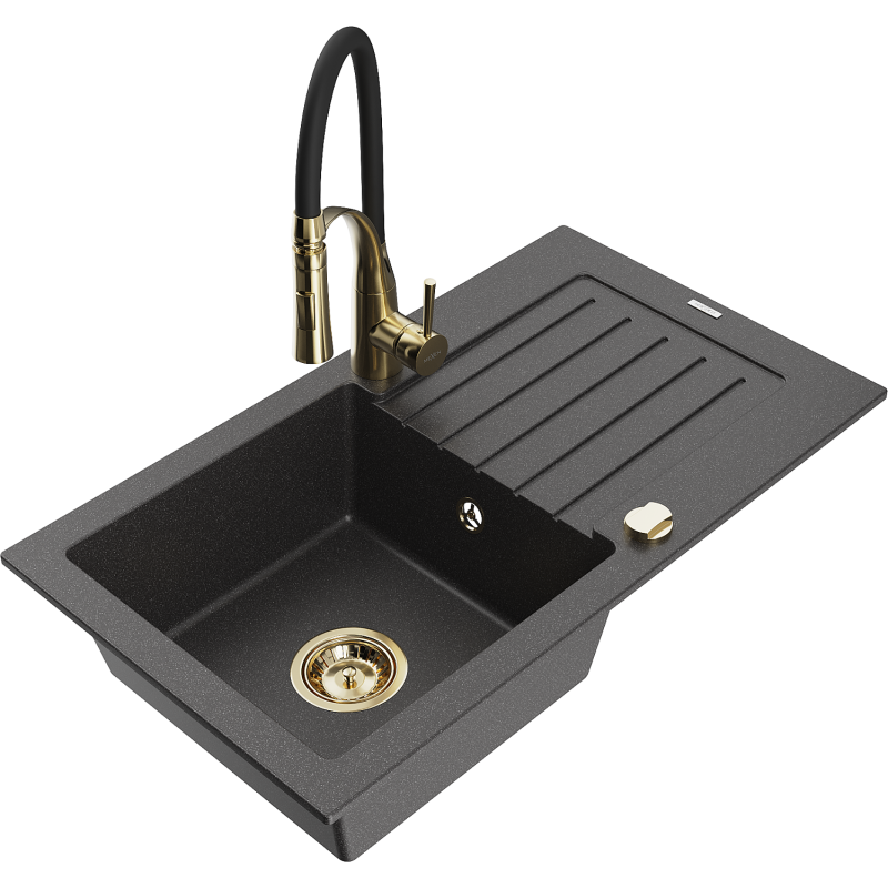 Mexen Pablo fregadero de granito de 1 cubeta con escurridor y grifo de cocina Aster, negro moteado - 6510-76-73450-57-G
