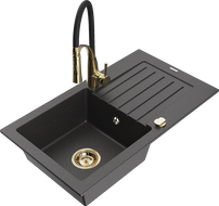 Mexen Pablo 1-Bowl Granite Sink with Drainer and Aster Kitchen Tap, Speckled Black - 6510-76-73450-57-G