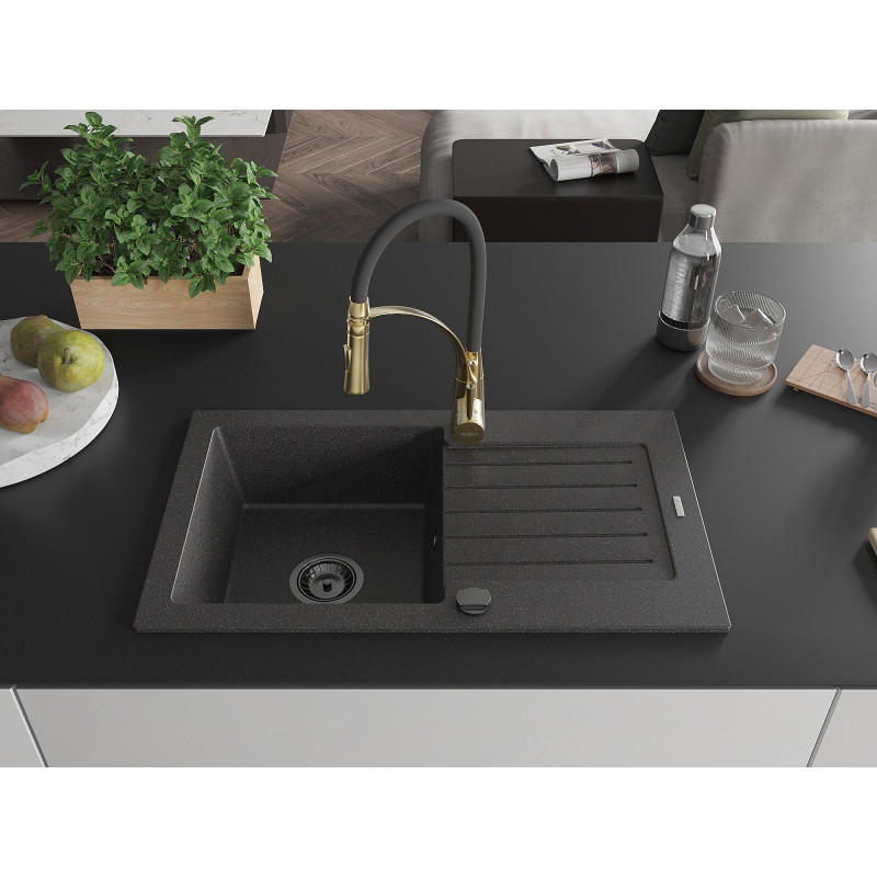 Mexen Pablo fregadero de granito de 1 cubeta con escurridor y grifo de cocina Aster, negro moteado - 6510-76-73450-57-B