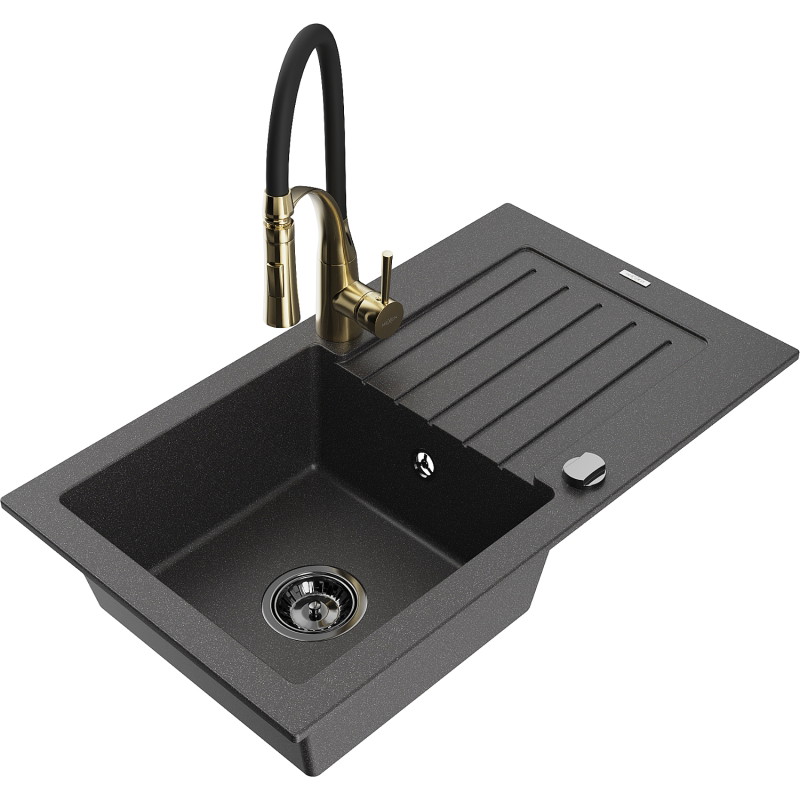 Mexen Pablo fregadero de granito de 1 cubeta con escurridor y grifo de cocina Aster, negro moteado - 6510-76-73450-57-B