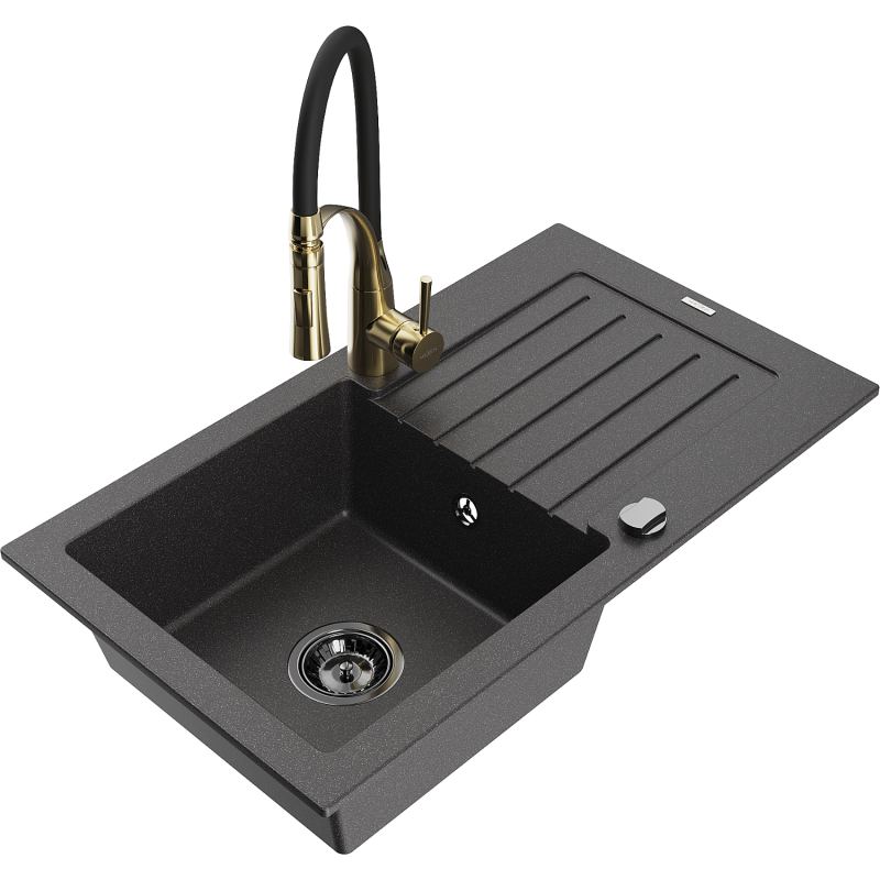 Mexen Pablo lavello in granito 1 vasca con sgocciolatoio e miscelatore da cucina Aster, nero maculato - 6510-76-73450-57-B