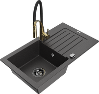 Mexen Pablo 1-bowl granite sink with drainer and Aster kitchen tap, speckled black - 6510-76-73450-57-B
