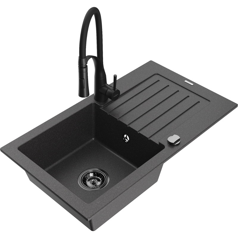 Mexen Pablo fregadero de granito de 1 seno con escurridor y grifo de cocina Aster, negro moteado - 6510-76-73450-70-B