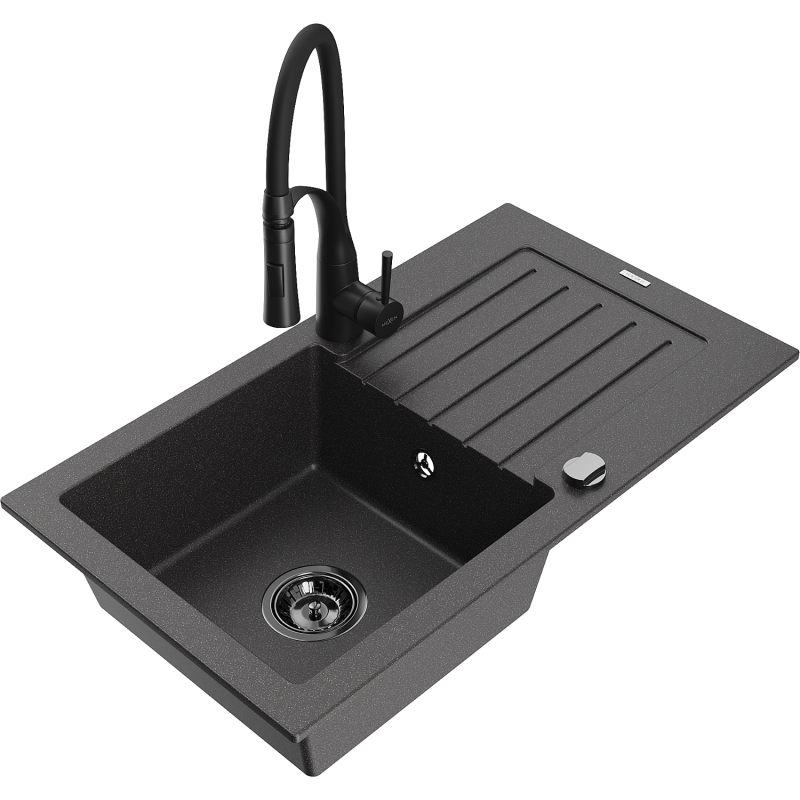 Mexen Pablo granit-Ëvier mat 1-Komparte mat Drain an Kichenbatterie Aster, schwaarz gesprenkelt - 6510-76-73450-70-B