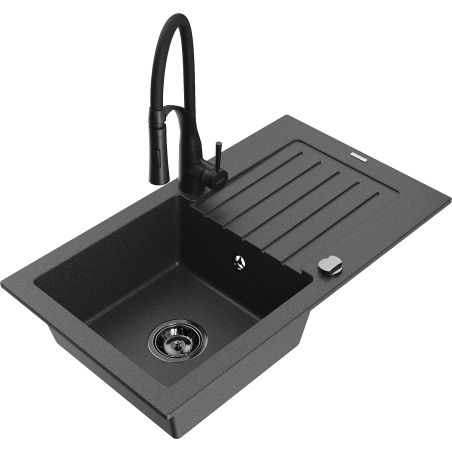 Mexen Pablo granite sink 1-bowl with drainer and Aster kitchen tap, black speckled - 6510-76-73450-70-B
