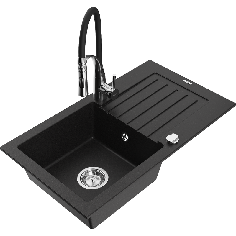Mexen Pablo granite sink 1-bowl with drainer and Aster kitchen tap, black - 6510-77-73450-07