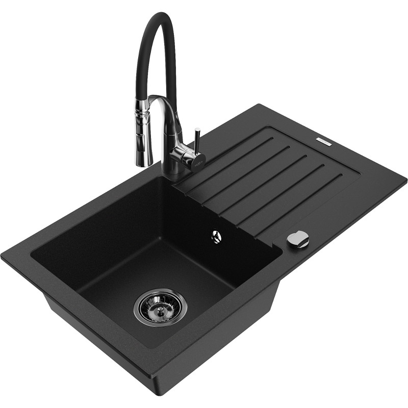 Mexen Pablo granit gootsteen 1-kamer met afdruiprek en keukenkraan Aster, zwart - 6510-77-73450-07-B