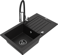 Mexen Pablo 1-bowl granite sink with drainer and Aster kitchen tap, black - 6510-77-73450-07-B