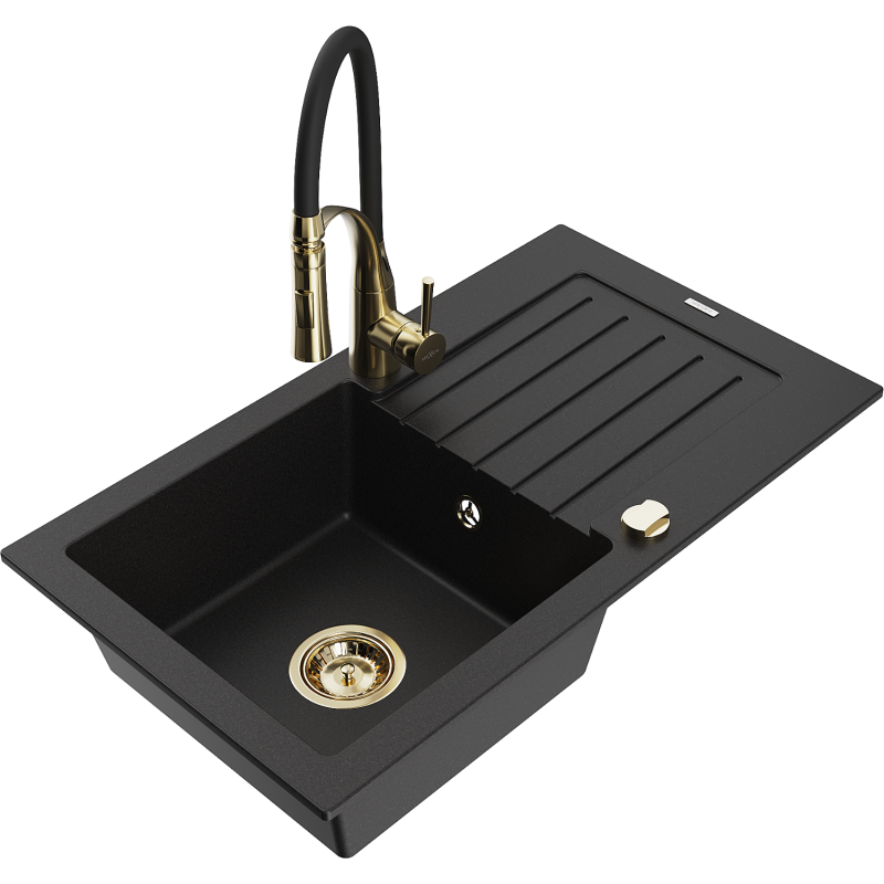 Mexen Pablo granite sink 1-bowl with drainer and Aster kitchen tap, black - 6510-77-73450-57-G