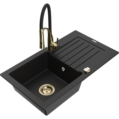 Mexen Pablo fregadero de granito de 1 cubeta con escurridor y grifo de cocina Aster, negro - 6510-77-73450-57-G