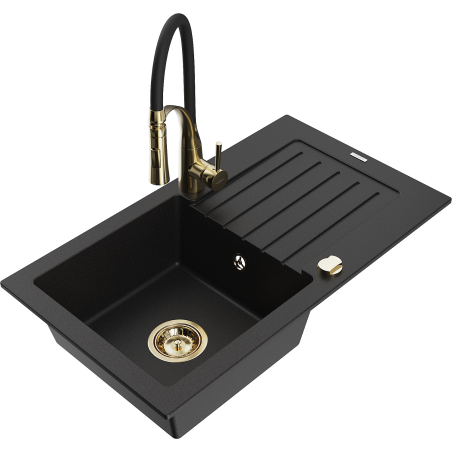 Mexen Pablo granite sink 1-bowl with drainer and Aster kitchen tap, black - 6510-77-73450-57-G