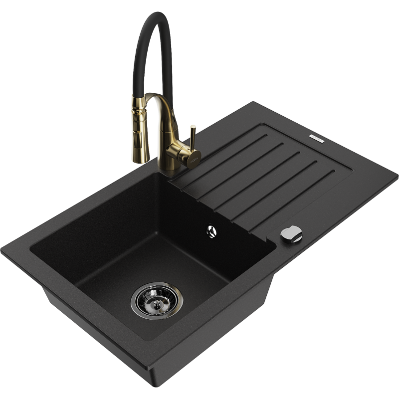 Mexen Pablo évier en granit 1 bac avec égouttoir et robinet de cuisine Aster, noir - 6510-77-73450-57-B