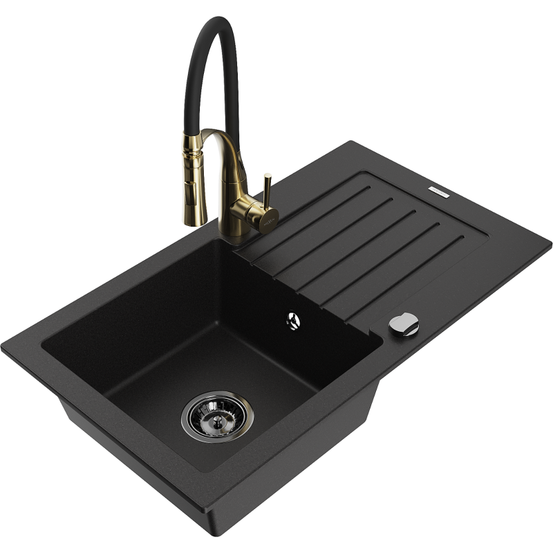 Mexen Pablo lavello in granito 1 vasca con sgocciolatoio e rubinetto da cucina Aster, nero - 6510-77-73450-57-B