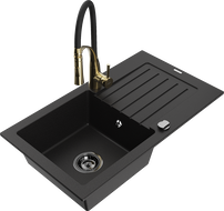 Mexen Pablo Granitspüle 1-beckig mit Abtropffläche und Küchenarmatur Aster, schwarz - 6510-77-73450-57-B
