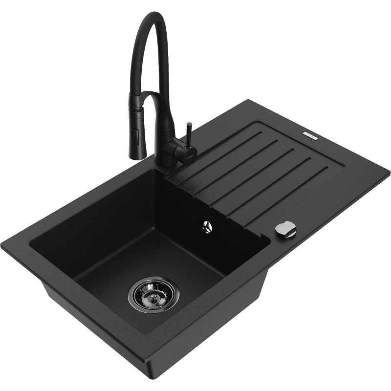 Mexen Pablo single-bowl granite sink with drainer and Aster kitchen tap, black - 6510-77-73450-70-B