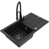 Mexen Pablo single-bowl granite sink with drainer and Aster kitchen tap, black - 6510-77-73450-70-B