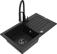 Mexen Pablo single-bowl granite sink with drainer and Aster kitchen tap, black - 6510-77-73450-70-B