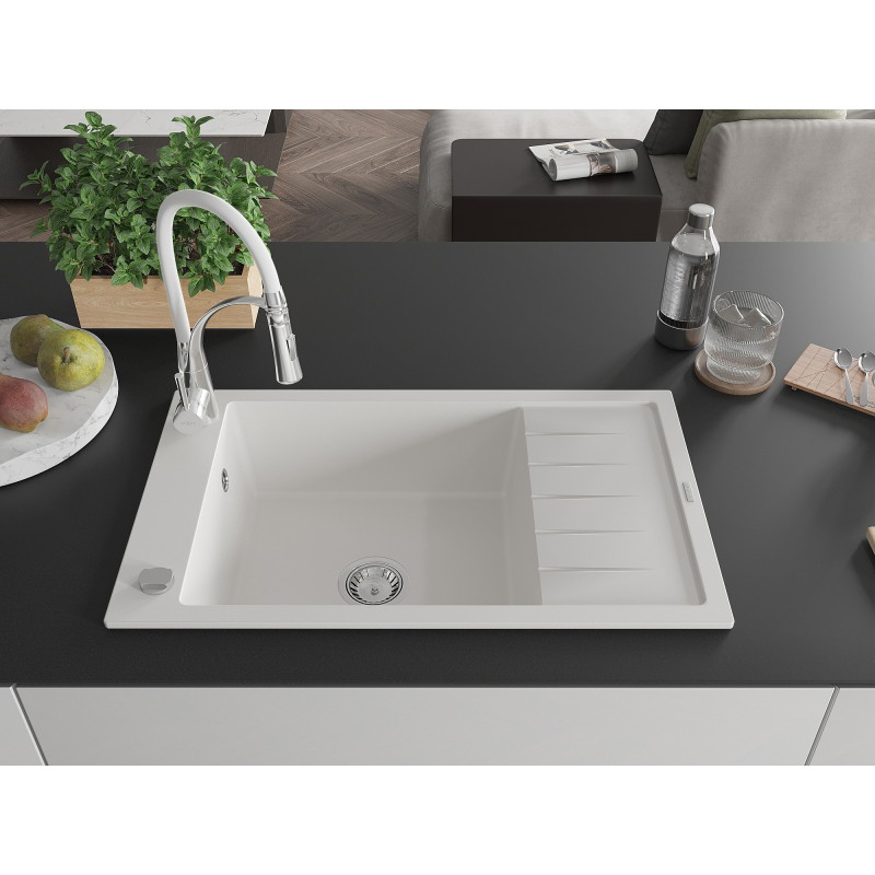 Mexen Elias fregadero de granito de 1 cámara con escurridor y grifo de cocina Aster, blanco - 6511-20-73450-02