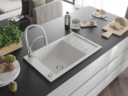 Mexen Elias 1-bowl granite sink with drainer and Aster kitchen faucet, white - 6511-20-73450-02