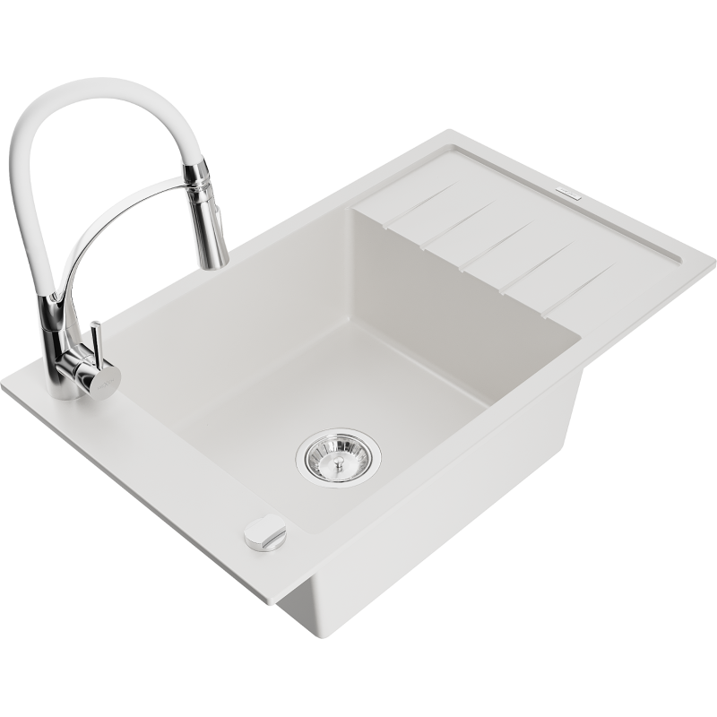 Mexen Elias fregadero de granito 1-cubeta con escurridor y grifo de cocina Aster, blanco - 6511-20-73450-02