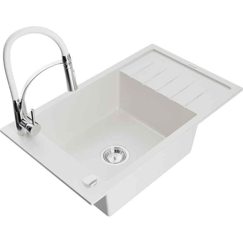 Mexen Elias fregadero de granito de 1 cámara con escurridor y grifo de cocina Aster, blanco - 6511-20-73450-02