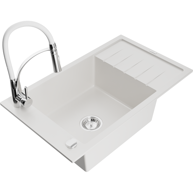 Mexen Elias granitno enojno pomivalno korito z odcejalnikom in kuhinjsko armaturo Aster, belo - 6511-20-73450-02