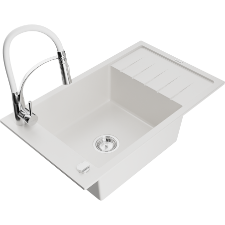 Mexen Elias fregadero de granito 1-cubeta con escurridor y grifo de cocina Aster, blanco - 6511-20-73450-02