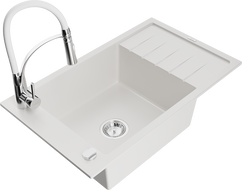 Mexen Elias granitni sudoper s jednom komorom s ocjeđivačem i kuhinjskom slavinom Aster, bijeli - 6511-20-73450-02
