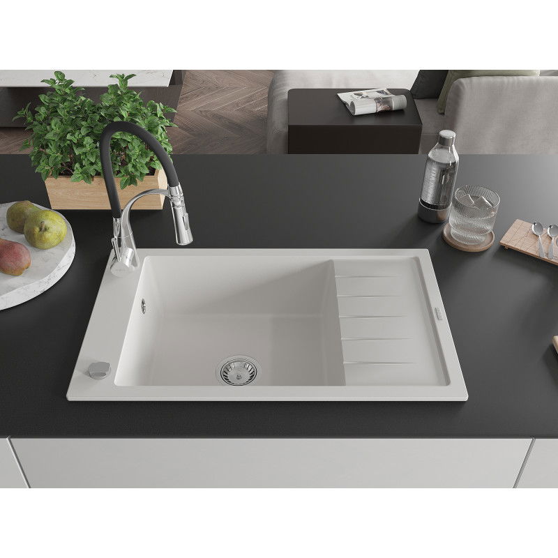 Mexen Elias fregadero de granito de 1 cubeta con escurridor y grifo de cocina Aster, blanco - 6511-20-73450-07