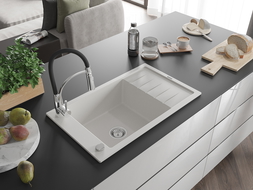 Mexen Elias fregadero de granito de 1 cubeta con escurridor y grifo de cocina Aster, blanco - 6511-20-73450-07