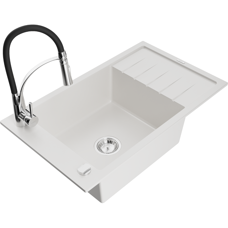 Mexen Elias Granitspüle 1-becken mit Abtropffläche und Küchenarmatur Aster, weiß - 6511-20-73450-07
