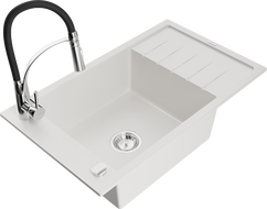 Mexen Elias 1-Bowl Granite Sink with Drainer and Kitchen Faucet Aster, White - 6511-20-73450-07
