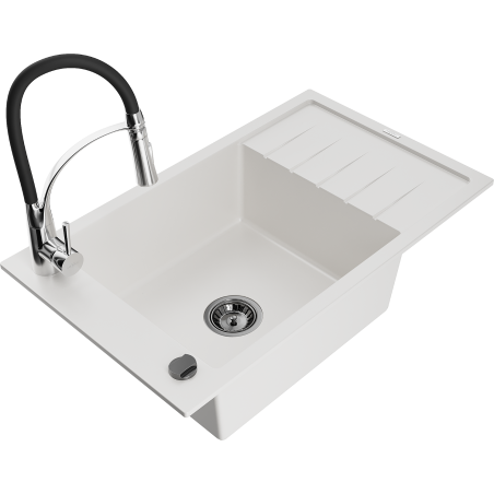 Mexen Elias granite sink 1-bowl with drainer and kitchen tap Aster, white - 6511-20-73450-07-B
