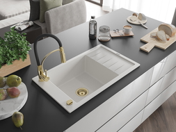 Mexen Elias fregadero de granito de 1 seno con escurridor y grifo de cocina Aster, blanco - 6511-20-73450-57-G