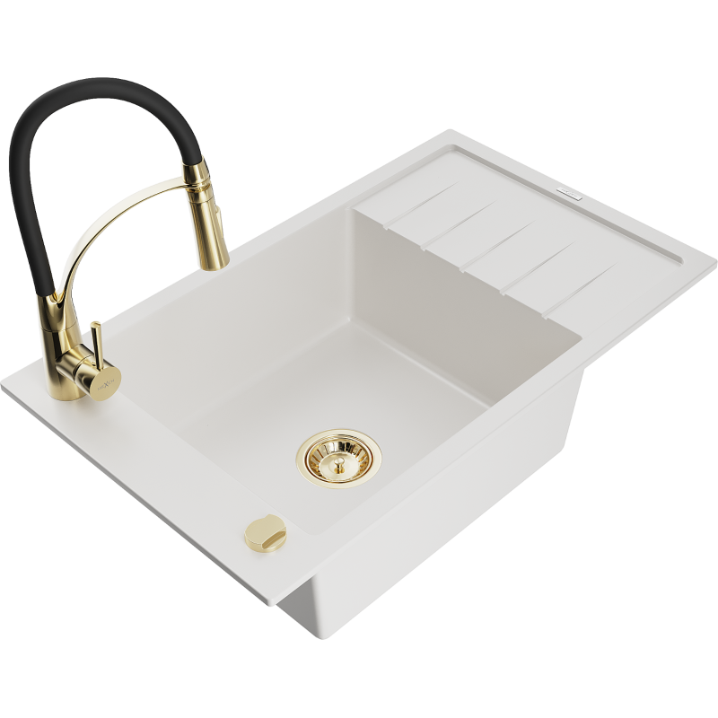 Mexen Elias fregadero de granito de 1 seno con escurridor y grifo de cocina Aster, blanco - 6511-20-73450-57-G