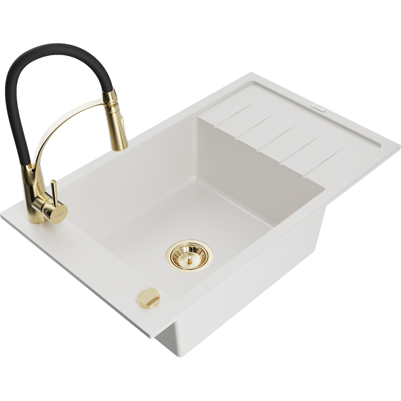 Mexen Elias granite sink 1-bowl with drainer and Aster kitchen tap, white - 6511-20-73450-57-G