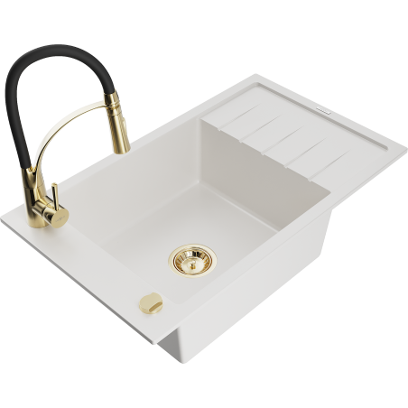 Mexen Elias évier en granit 1-bac avec égouttoir et robinet de cuisine Aster, blanc - 6511-20-73450-57-G