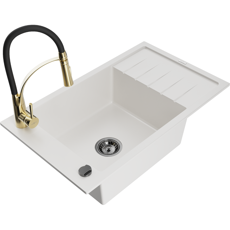 Mexen Elias 1-bowl granite sink with drainer and Aster kitchen tap, white - 6511-20-73450-57-B