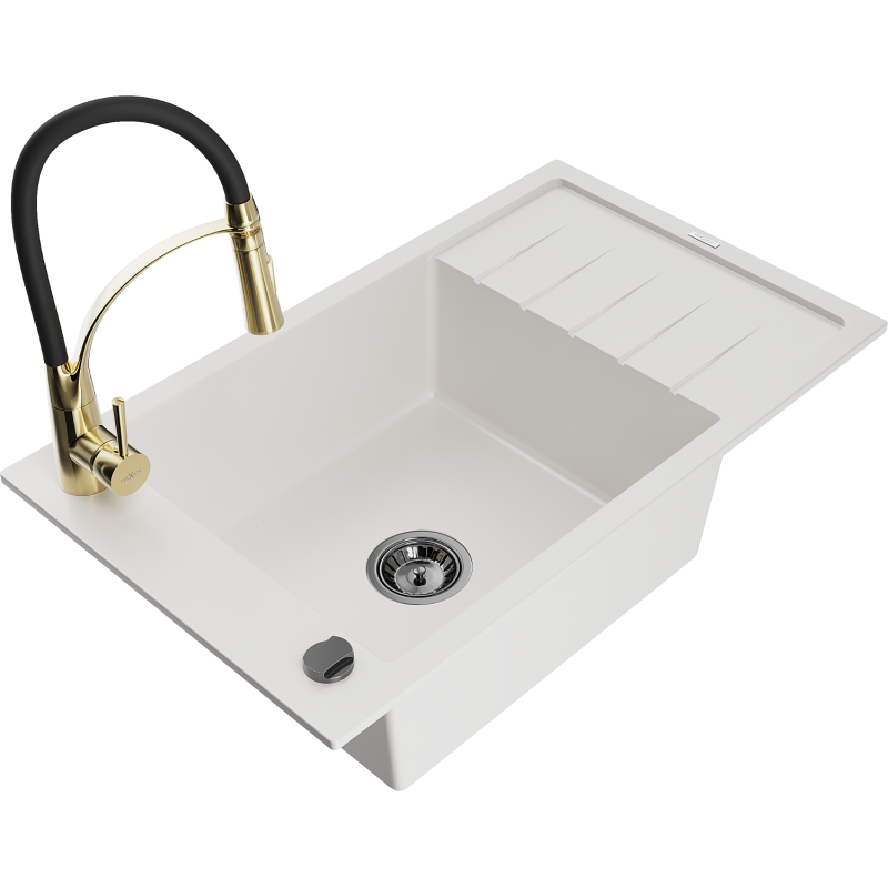 Mexen Elias évier en granit 1 bac avec égouttoir et robinet de cuisine Aster, blanc - 6511-20-73450-57-B