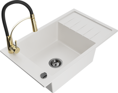 Mexen Elias 1-Bowl Granite Sink with Drainer and Aster Kitchen Faucet, White - 6511-20-73450-57-B