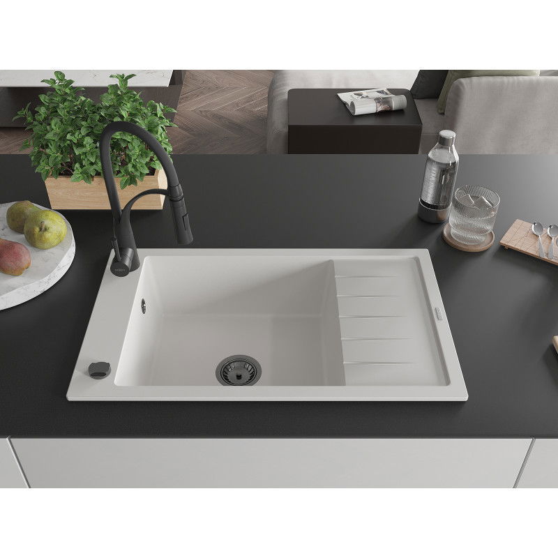 Mexen Elias fregadero de granito de 1 seno con escurridor y grifo de cocina Aster, blanco - 6511-20-73450-70-B