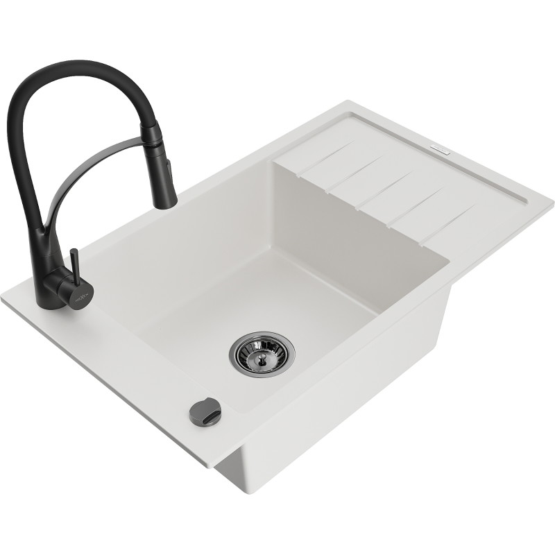 Mexen Elias fregadero de granito de 1 cubeta con escurridor y grifo de cocina Aster, blanco - 6511-20-73450-70-B