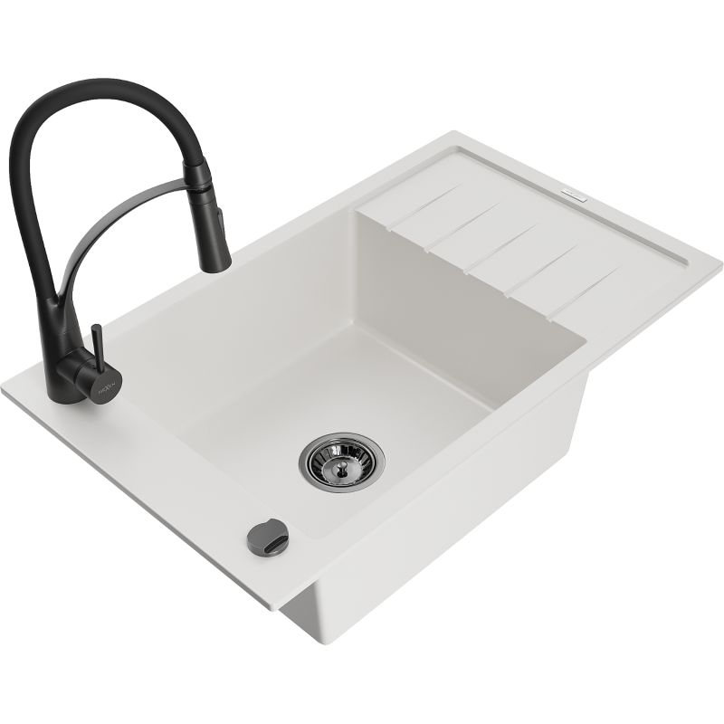 Mexen Elias lava-loiça de granito de 1 cuba com escorredor e torneira de cozinha Aster, branco - 6511-20-73450-70-B