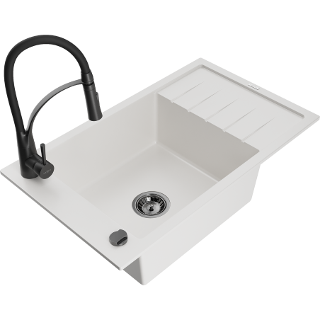 Mexen Elias Granitspüle 1-Becken mit Abtropffläche und Küchenarmatur Aster, weiß - 6511-20-73450-70-B