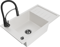 Mexen Elias granite kitchen sink 1-bowl with drainer and Aster kitchen tap, white - 6511-20-73450-70-B